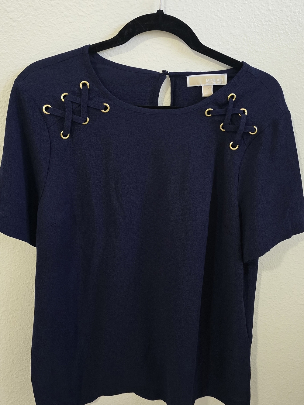 Michael Kors Navy Short-Sleeve Top with Gold Eyelet Lace Detail
